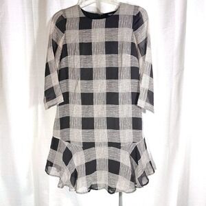 Madewell In Check Black and White Checkered Dress silk flowy size 0 sheer sleeve